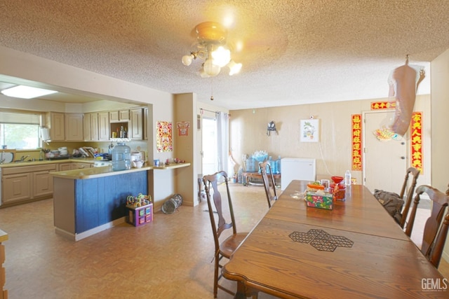 dining space featuring plenty of natural light, ceiling fan, sink, and a textured ceiling