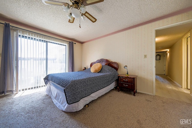 4508 Glengary Pl, Bakersfield, CA 93313 - bedroom featuring carpet, a textured ceiling, crown molding, a ceiling fan, and access to outside