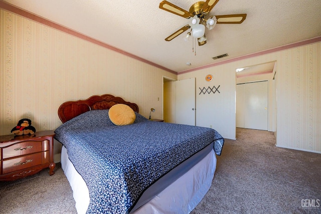 4508 Glengary Pl, Bakersfield, CA 93313 - carpeted bedroom featuring crown molding, a ceiling fan, a textured ceiling, and wallpapered walls