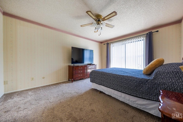 4508 Glengary Pl, Bakersfield, CA 93313 - bedroom featuring ornamental molding, carpet, a ceiling fan, and a textured ceiling