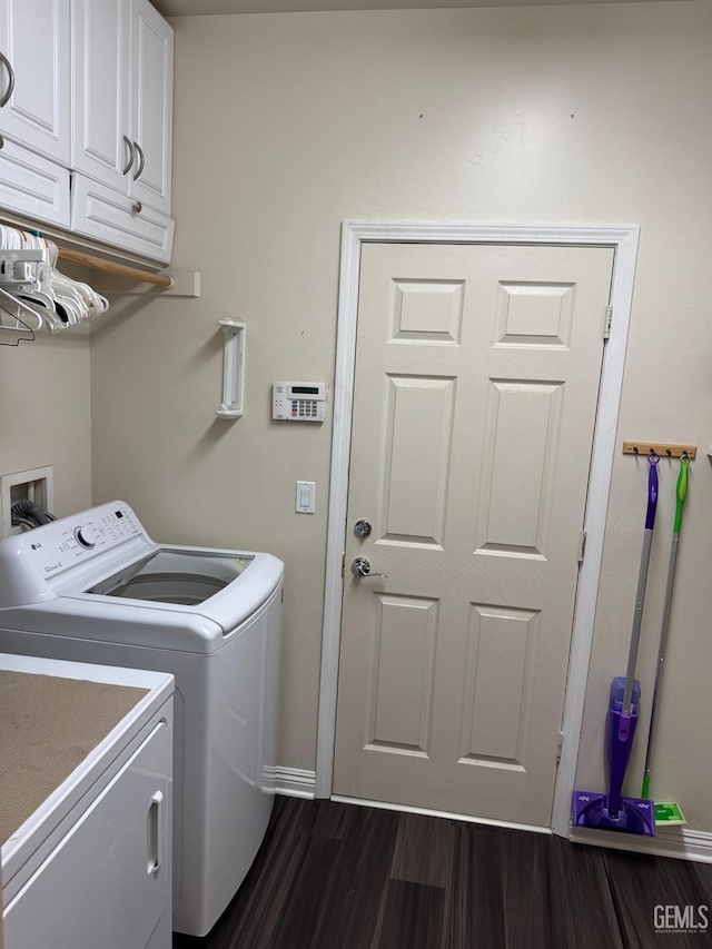 11908 Nebula Ct, Bakersfield, CA 93312 - laundry room with washing machine and dryer, dark wood finished floors, cabinet space, and baseboards