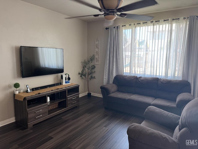 11908 Nebula Ct, Bakersfield, CA 93312 - living room with baseboards, dark wood-type flooring, and a ceiling fan