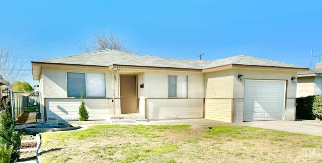 ranch-style house with stucco siding, entry steps, fence, concrete driveway, and an attached garage