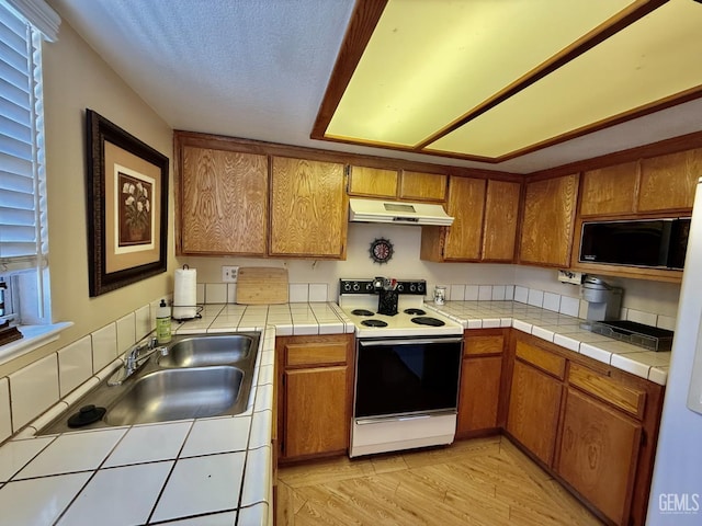 4600 Beechwood St Unit 135, Bakersfield, CA 93309 - kitchen with electric range, under cabinet range hood, a sink, brown cabinetry, and black microwave