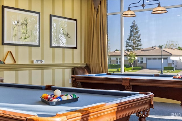 game room featuring wallpapered walls, carpet floors, and pool table