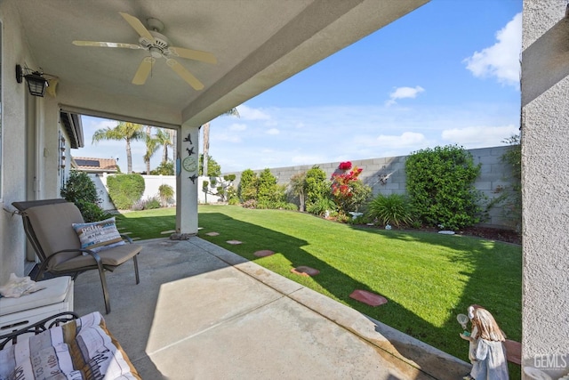 view of patio / terrace featuring a ceiling fan and a fenced backyard