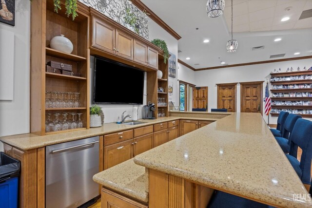 kitchen featuring a sink, visible vents, stainless steel dishwasher, and open shelves