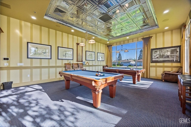 playroom with visible vents, an ornate ceiling, carpet flooring, and pool table