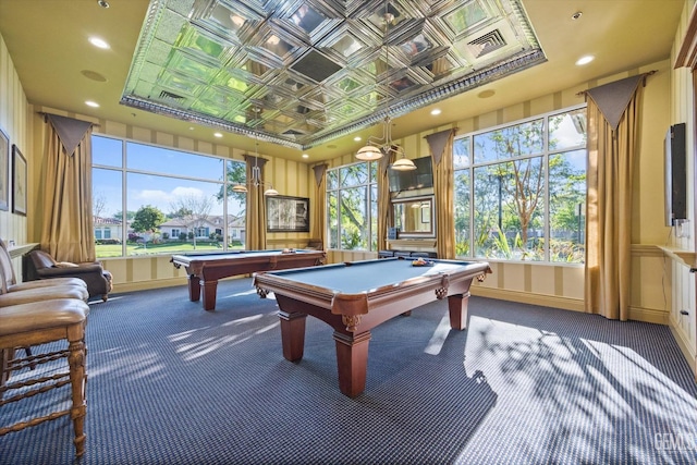 game room featuring an ornate ceiling, billiards, visible vents, and carpet flooring