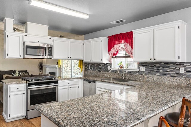 1914 Hummingbird Ave, Delano, CA 93215 - kitchen with appliances with stainless steel finishes, a peninsula, a sink, and light stone countertops