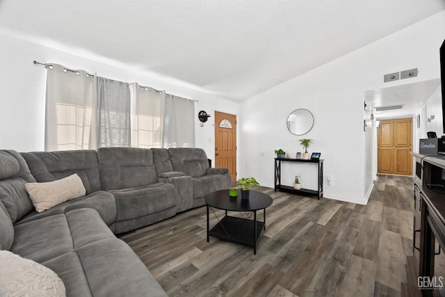 living room with lofted ceiling, dark wood-type flooring, and a textured ceiling