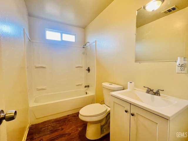 full bathroom featuring hardwood / wood-style flooring, vanity, toilet, and shower / bathing tub combination