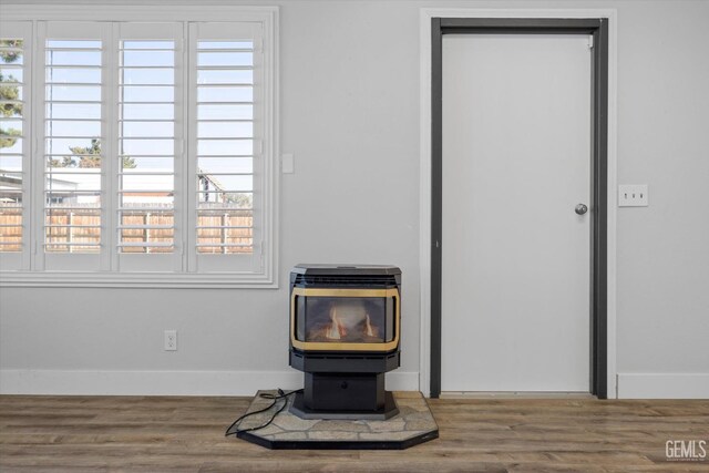 room details featuring hardwood / wood-style floors and a wood stove