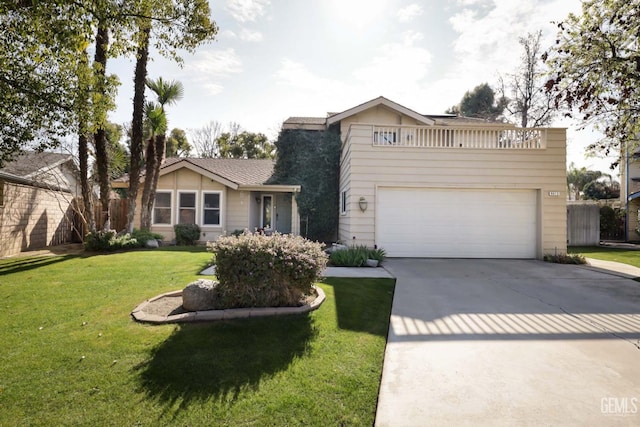 view of front of house featuring a balcony and a front lawn