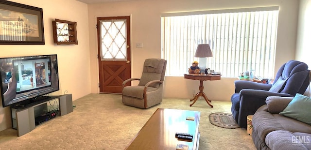 living room featuring light carpet