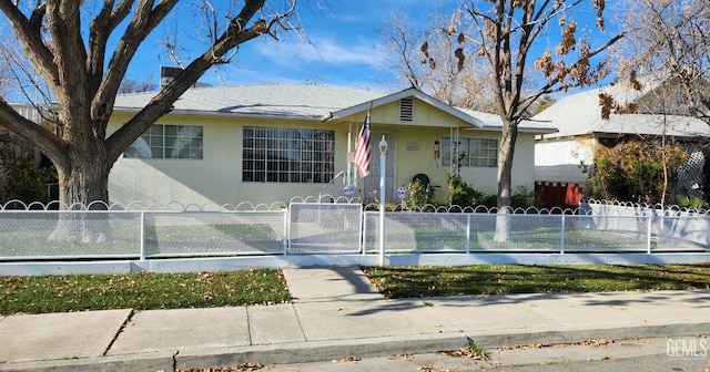 view of front facade featuring a fenced front yard and stucco siding