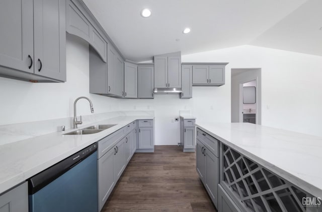 2625 Security Ave, Bakersfield, CA 93306 - kitchen featuring lofted ceiling, dishwashing machine, dark wood-style floors, a sink, and gray cabinetry