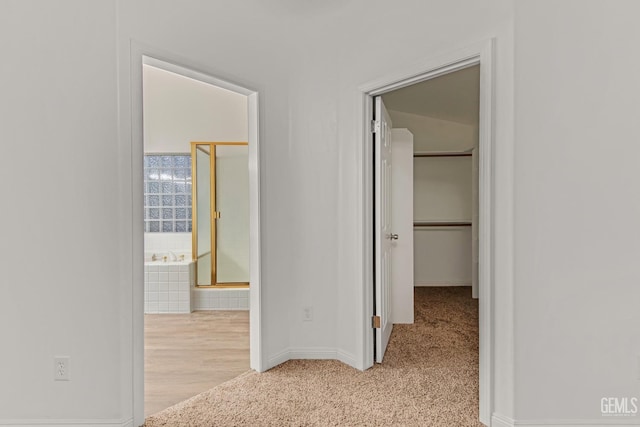 hall with light carpet and baseboards