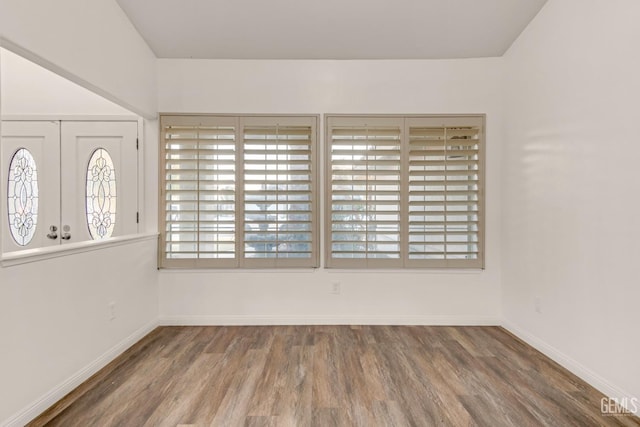 spare room featuring a wealth of natural light, baseboards, and wood finished floors