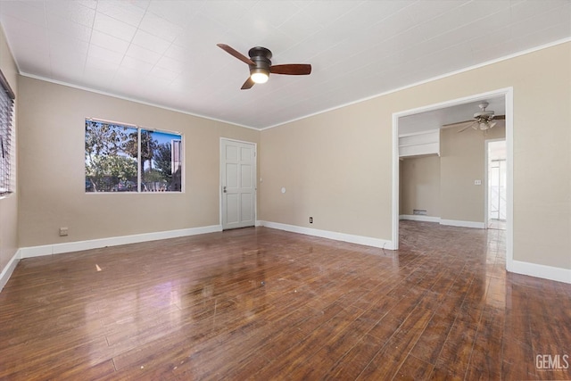 unfurnished room with ornamental molding, dark hardwood / wood-style floors, and ceiling fan