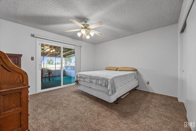 6309 Desert Hills Ave, Bakersfield, CA 93309 - carpeted bedroom with access to exterior, a textured ceiling, and a ceiling fan
