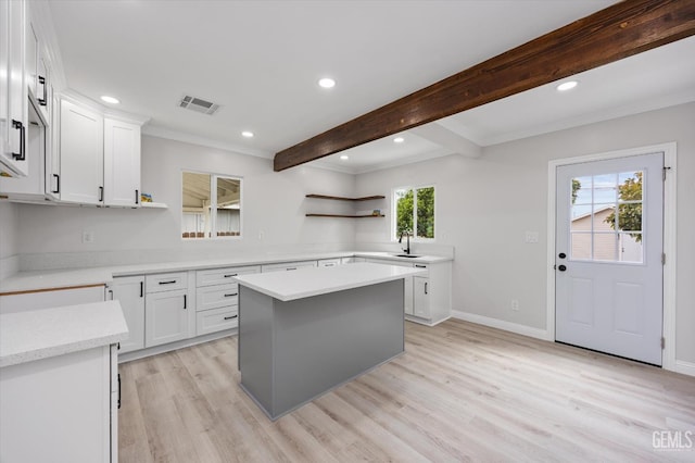 kitchen featuring white cabinets, open shelves, visible vents, and light wood-type flooring