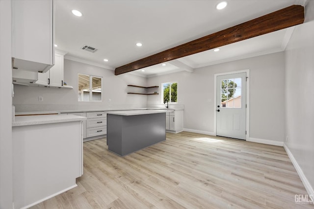 kitchen featuring visible vents, open shelves, recessed lighting, and light countertops