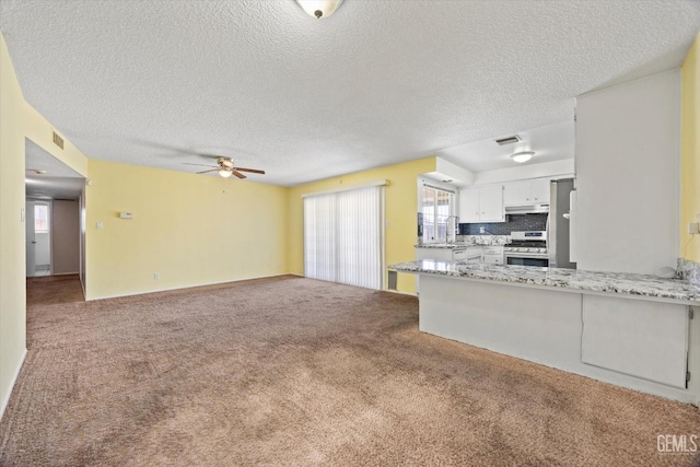 kitchen featuring under cabinet range hood, gas stove, visible vents, and carpet floors