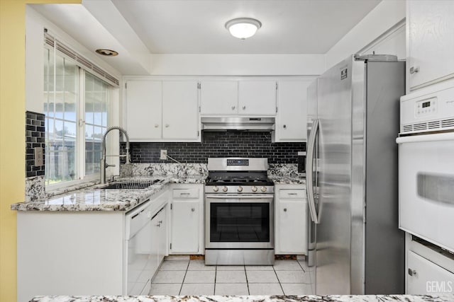 kitchen featuring under cabinet range hood, decorative backsplash, appliances with stainless steel finishes, and a sink