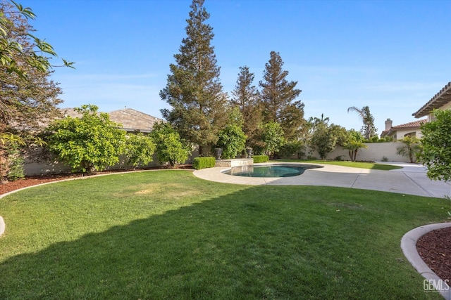view of yard featuring a fenced backyard, a patio, and a fenced in pool