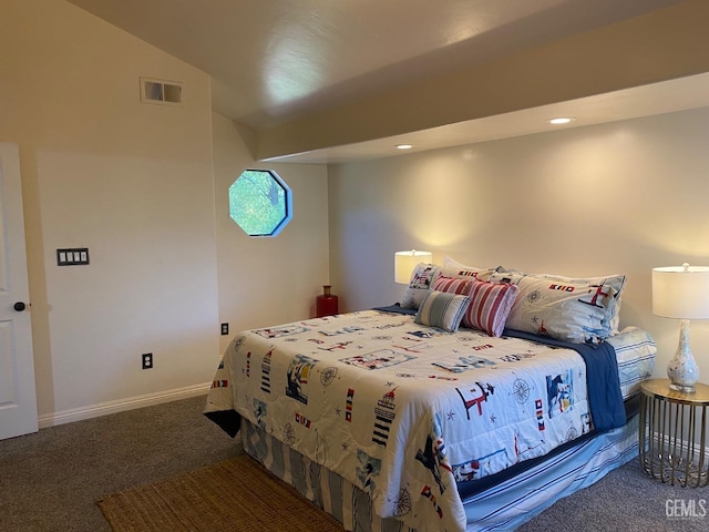 carpeted bedroom featuring lofted ceiling