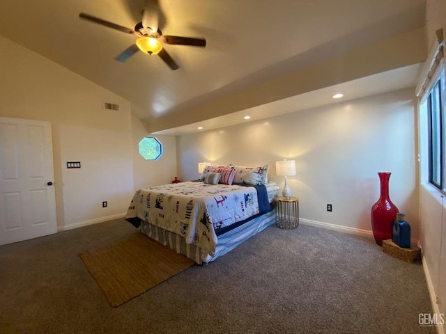 bedroom with dark colored carpet, ceiling fan, and vaulted ceiling