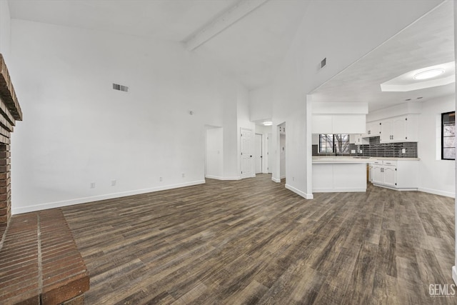 unfurnished living room featuring beam ceiling, dark wood-style floors, visible vents, and baseboards