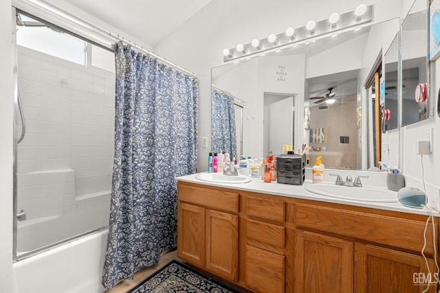 5000 Rogue Water Ct, Bakersfield, CA 93313 - full bath featuring shower / tub combo with curtain, double vanity, and ceiling fan