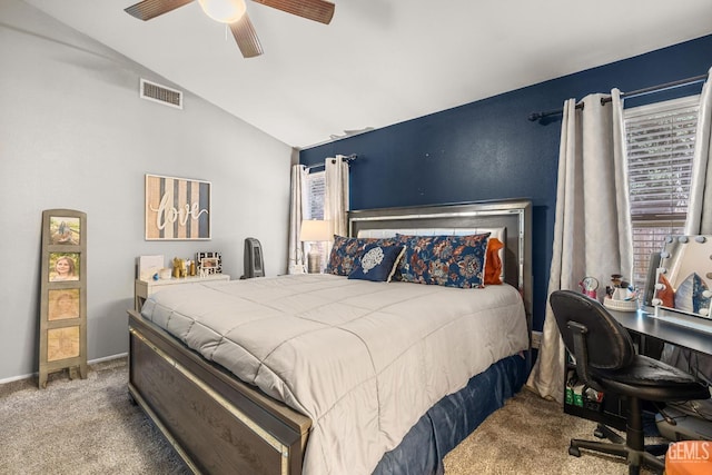 5000 Rogue Water Ct, Bakersfield, CA 93313 - bedroom with carpet, vaulted ceiling, an office area, and ceiling fan