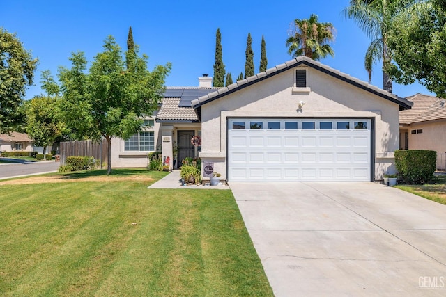 5000 Rogue Water Ct, Bakersfield, CA 93313 - view of front facade featuring stucco siding, a garage, a tile roof, and solar panels
