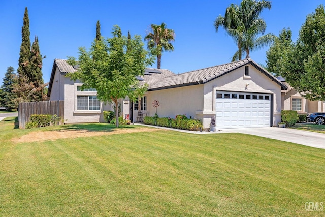 5000 Rogue Water Ct, Bakersfield, CA 93313 - ranch-style home with solar panels, driveway, stucco siding, an attached garage, and a tiled roof