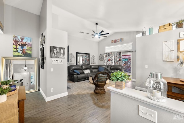5000 Rogue Water Ct, Bakersfield, CA 93313 - living area featuring ceiling fan, wood finished floors, and high vaulted ceiling