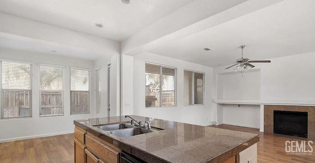 5400 Saddleback Ridge Ct, Bakersfield, CA 93313 - kitchen with healthy amount of natural light, wood finished floors, ceiling fan, and an island with sink