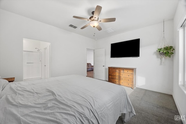 carpeted bedroom with a ceiling fan, visible vents, and baseboards