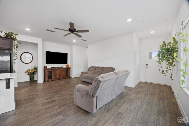 living room featuring visible vents, ceiling fan, recessed lighting, and dark wood-style floors