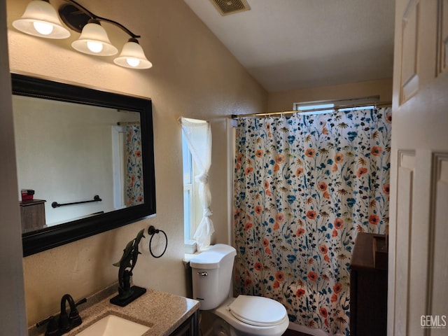 bathroom featuring vanity, toilet, and a shower with shower curtain