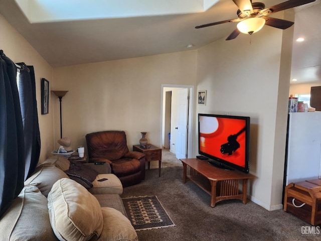 living room with vaulted ceiling, carpet floors, and ceiling fan