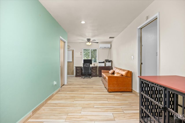 253 E Mckee Rd, Bakersfield, CA 93307 - interior space featuring a wall unit AC, a ceiling fan, an office area, wood finished floors, and recessed lighting