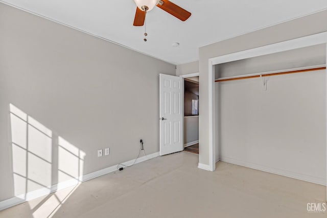 unfurnished bedroom with a closet and ceiling fan