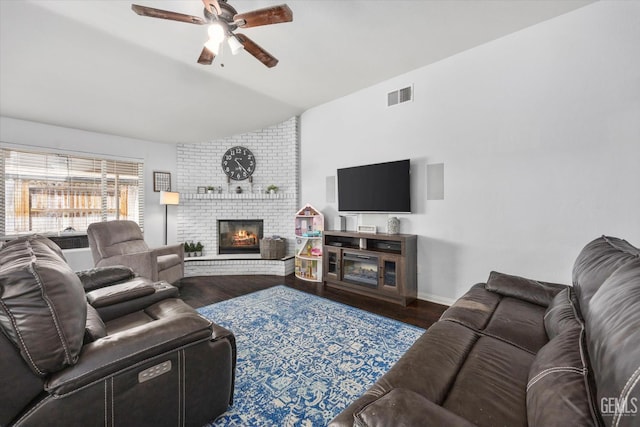 5812 Seasons Valley Ct, Bakersfield, CA 93313 - living area with a fireplace, lofted ceiling, ceiling fan, and wood finished floors