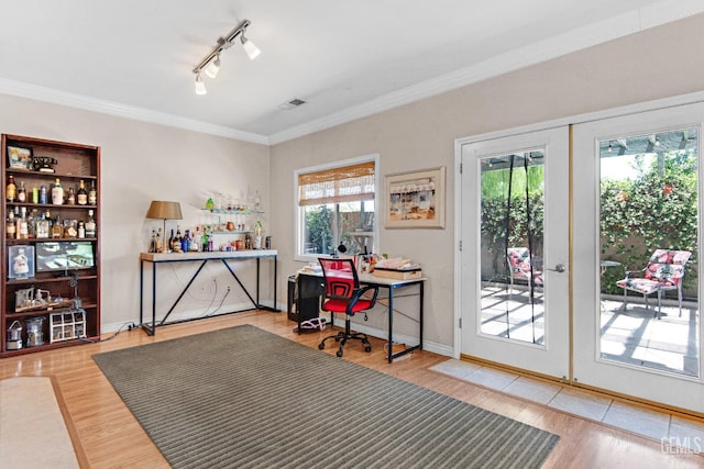 5510 Edge Water Ct, Bakersfield, CA 93312 - office area with wood finished floors, ornamental molding, and track lighting