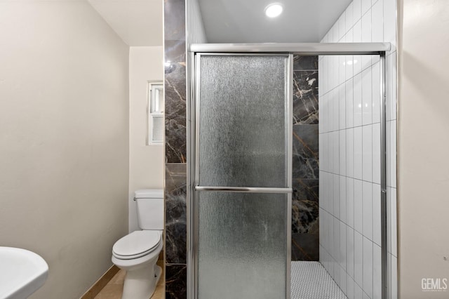 1805 Morgan Ln, Bakersfield, CA 93306 - full bathroom with toilet, a stall shower, and baseboards