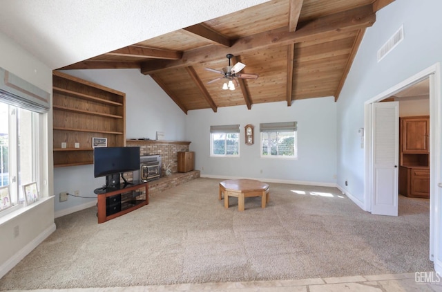 living room featuring visible vents, carpet floors, beam ceiling, and wooden ceiling