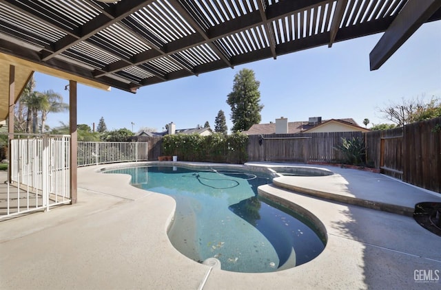 view of swimming pool featuring a patio area, a fenced in pool, a pergola, and a fenced backyard